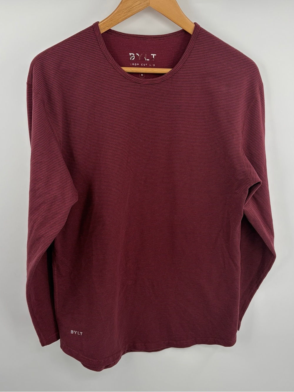 BYLT drop cut deep red navy striped long sleeve round neck shirt men’s M casual